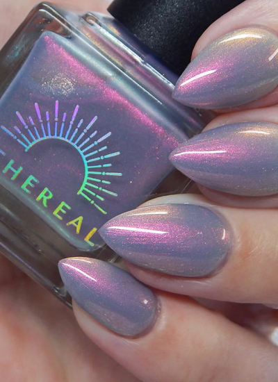 Foggy blue with pink to orange shimmer 