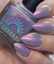 Foggy blue with pink to orange shimmer 